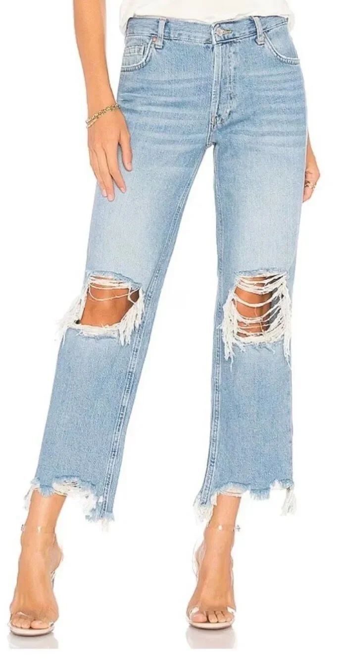 We the Free People Maggie Straight Leg Crop Rip Distressed BOHO Jeans sz 25